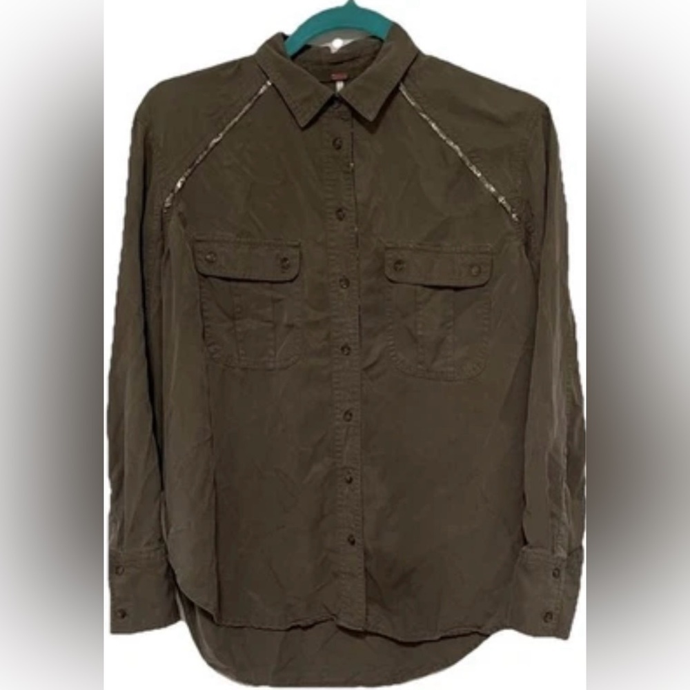 Free People Off-Campus Metallic-Trim Utility Shirt Boho Chic Khaki Green XS - Picture 2 of 9
